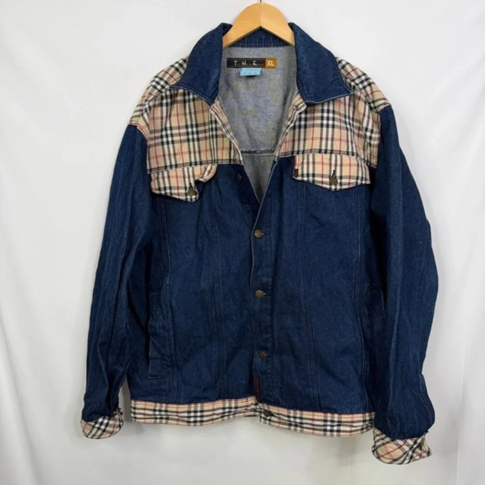 Y2K The Hip-hop Elements T.H.E. Denim Trucker Jacket Plaid Nova Check Mens‎ XL